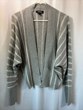 Express Gray and White Striped Open-Front Cardigan